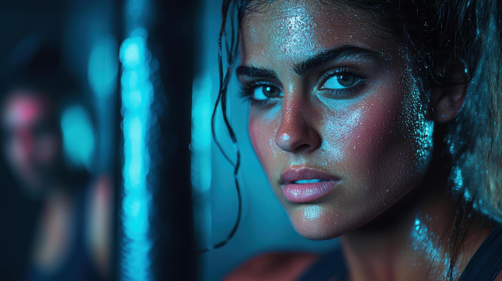 A woman in a gym with a man behind her photo
