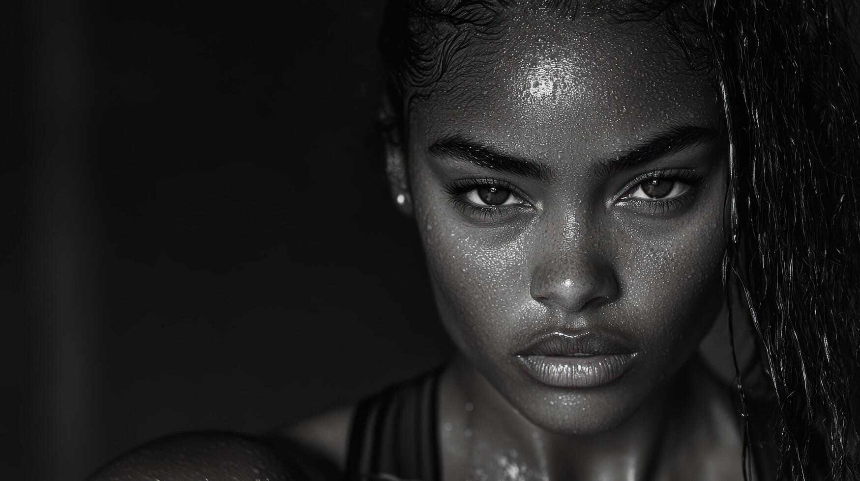 A black and white photo of a woman with wet hair