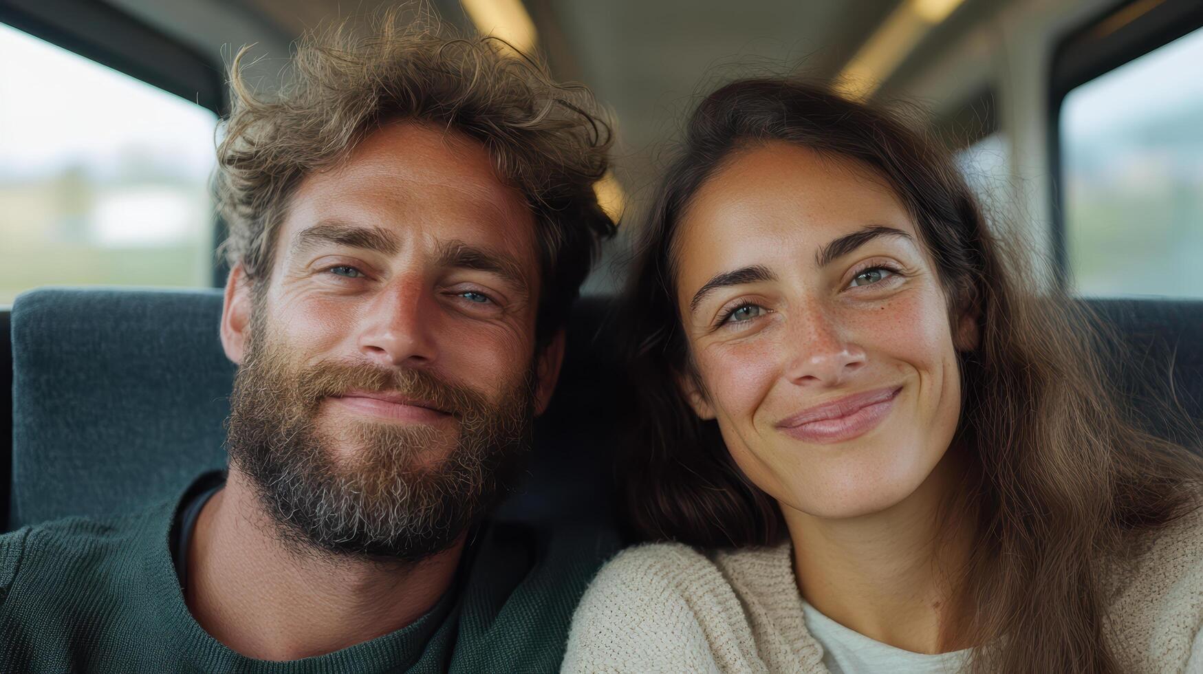 A man and woman are smiling while sitting on a train photo