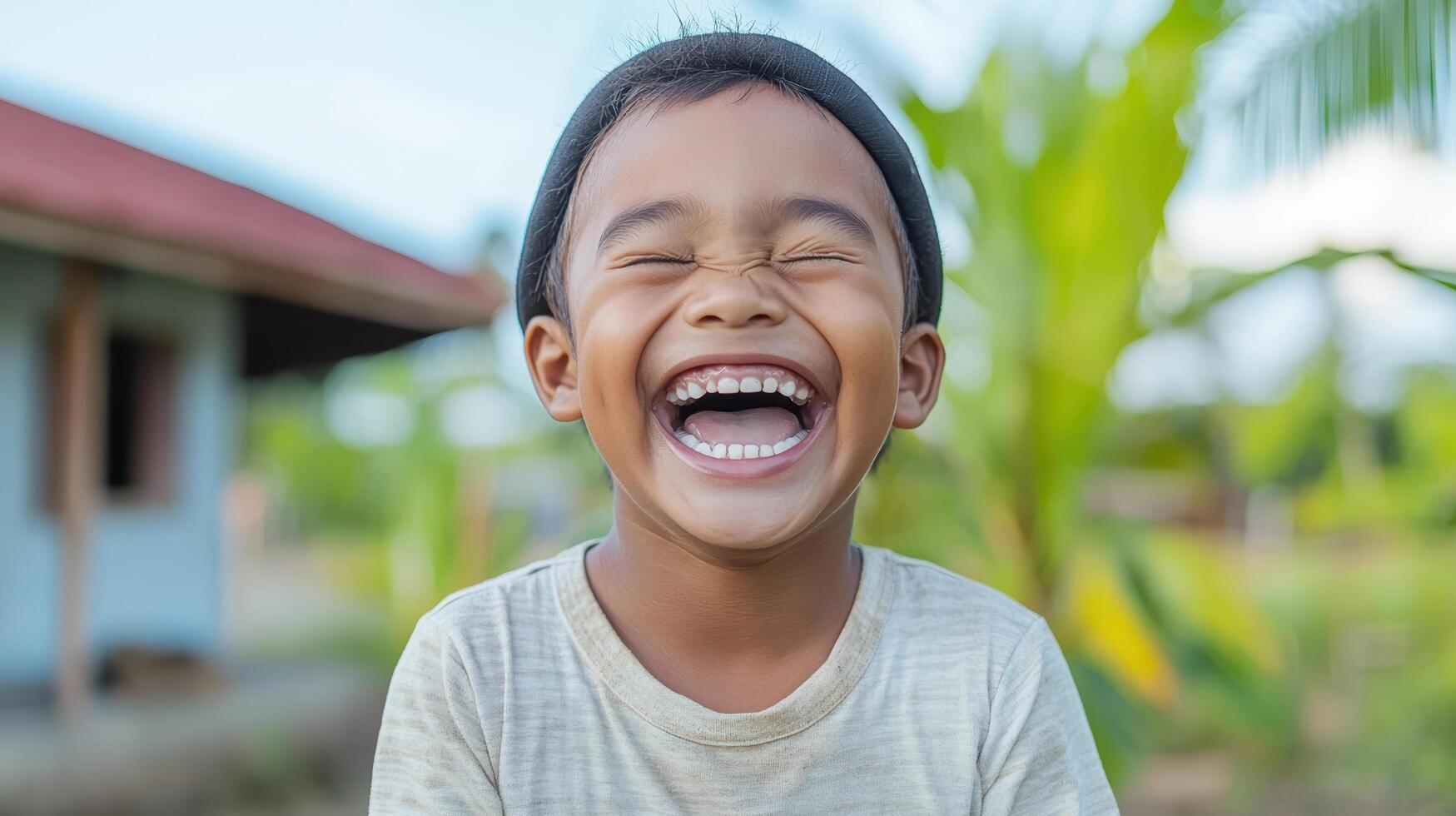 A young boy is laughing and smiling photo