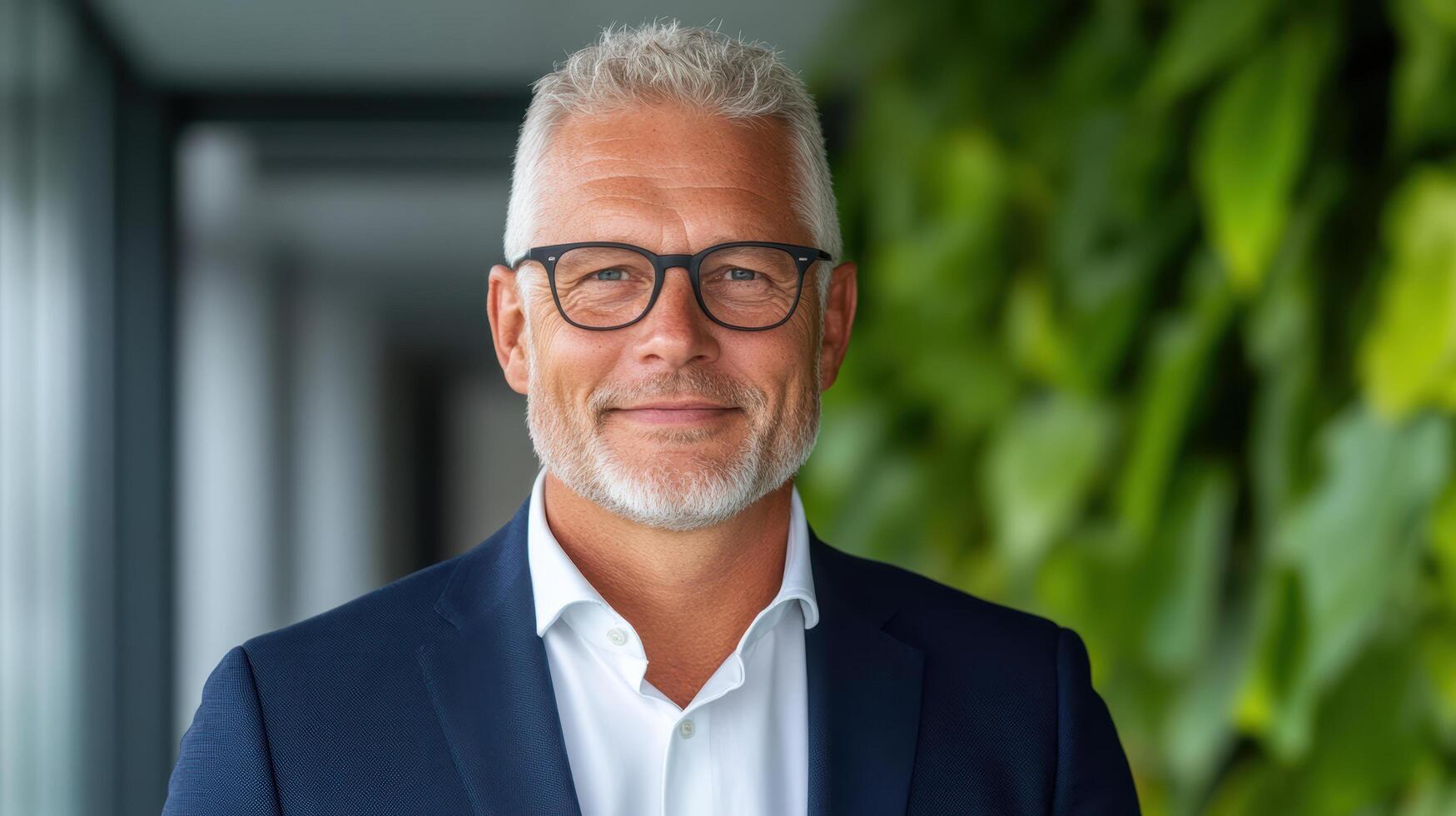 A man with glasses and a beard standing in front of a green wall photo