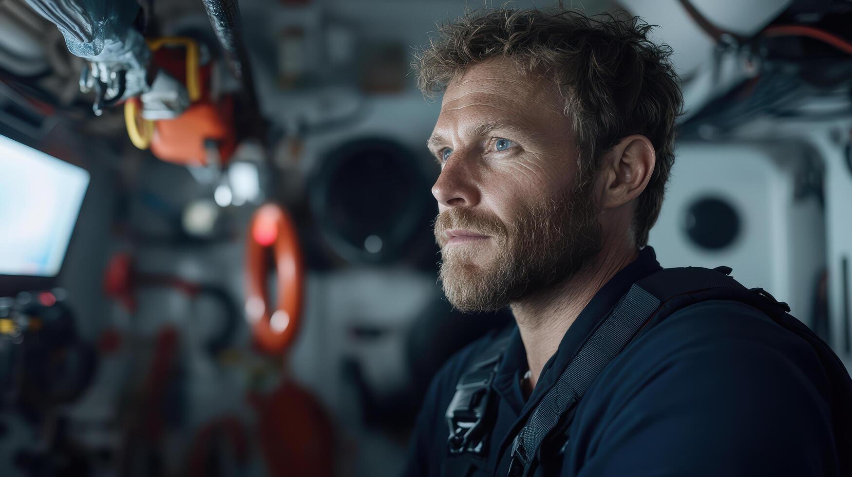A man in a life jacket looking at something photo