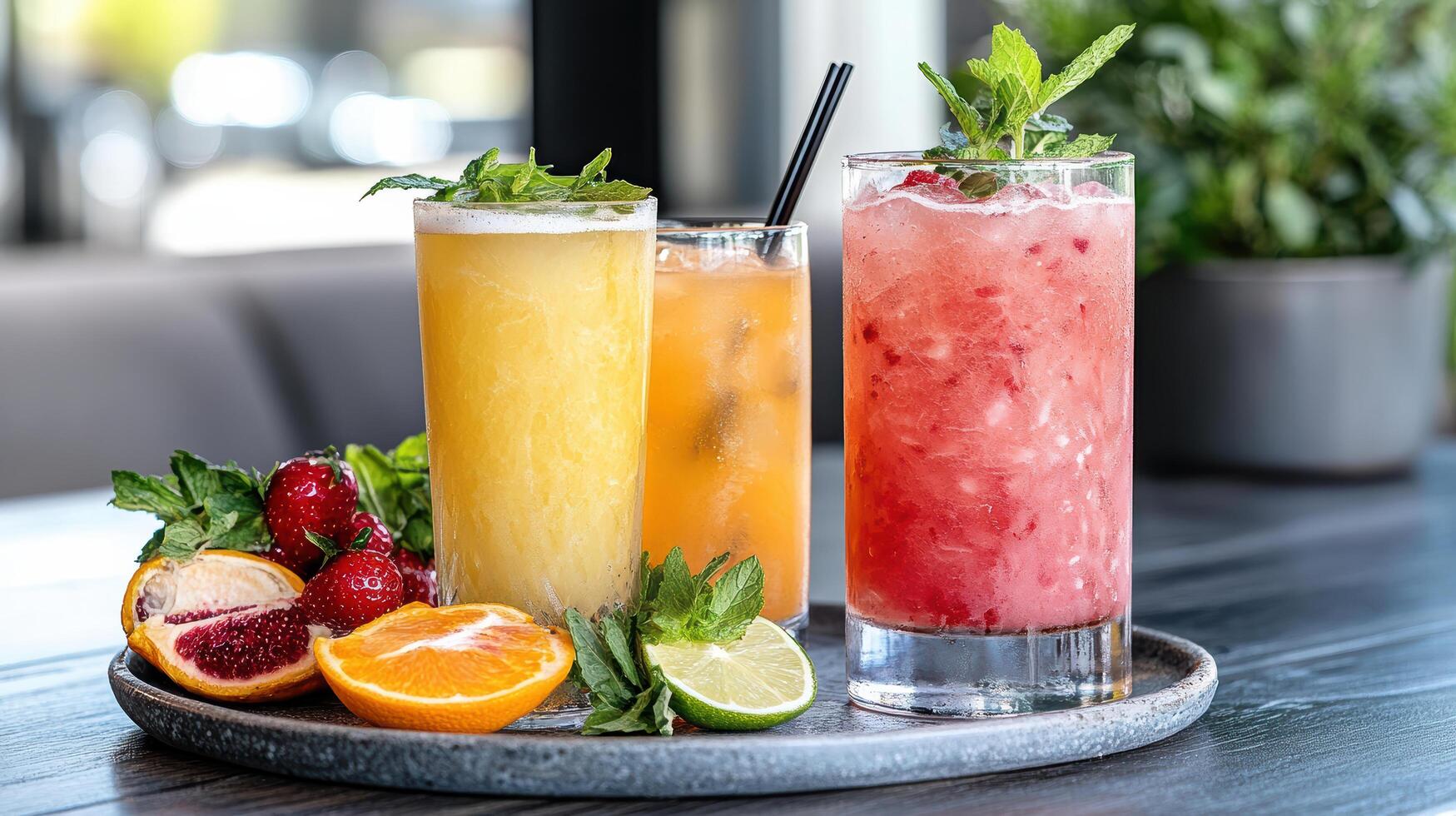 Three different drinks on a tray with fruit and mint leaves photo