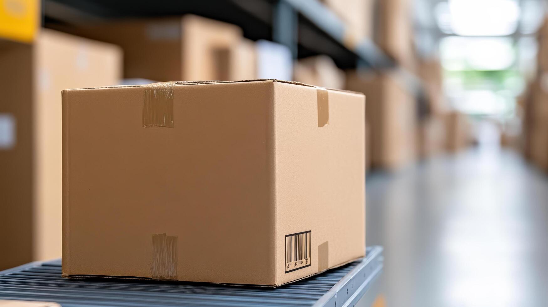 A cardboard box sits on a conveyor belt in a warehouse photo