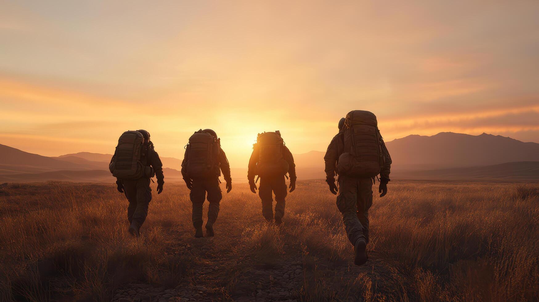 Three men with backpacks walking in the desert at sunset photo