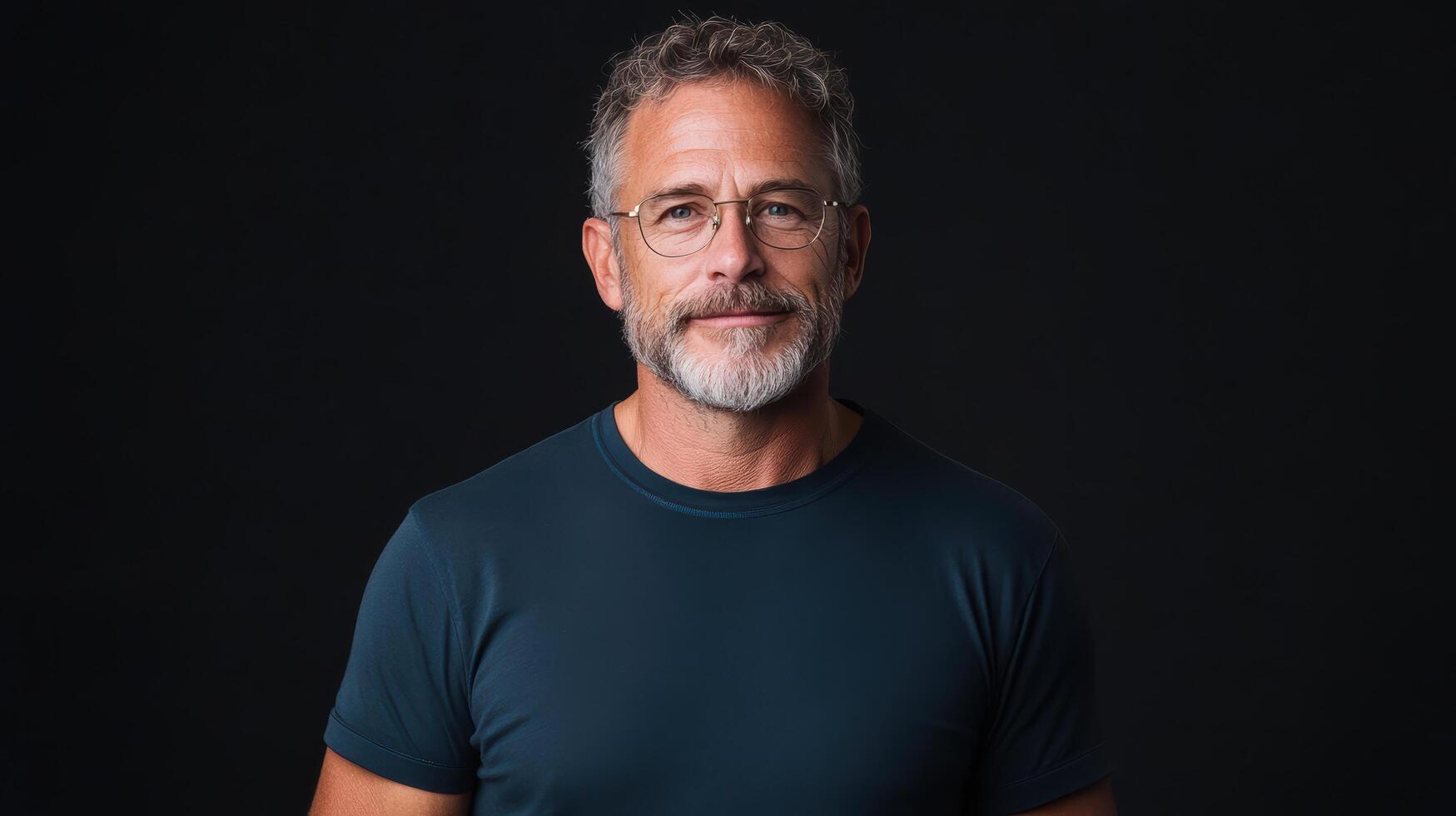 A man with glasses and a beard standing in front of a black background photo