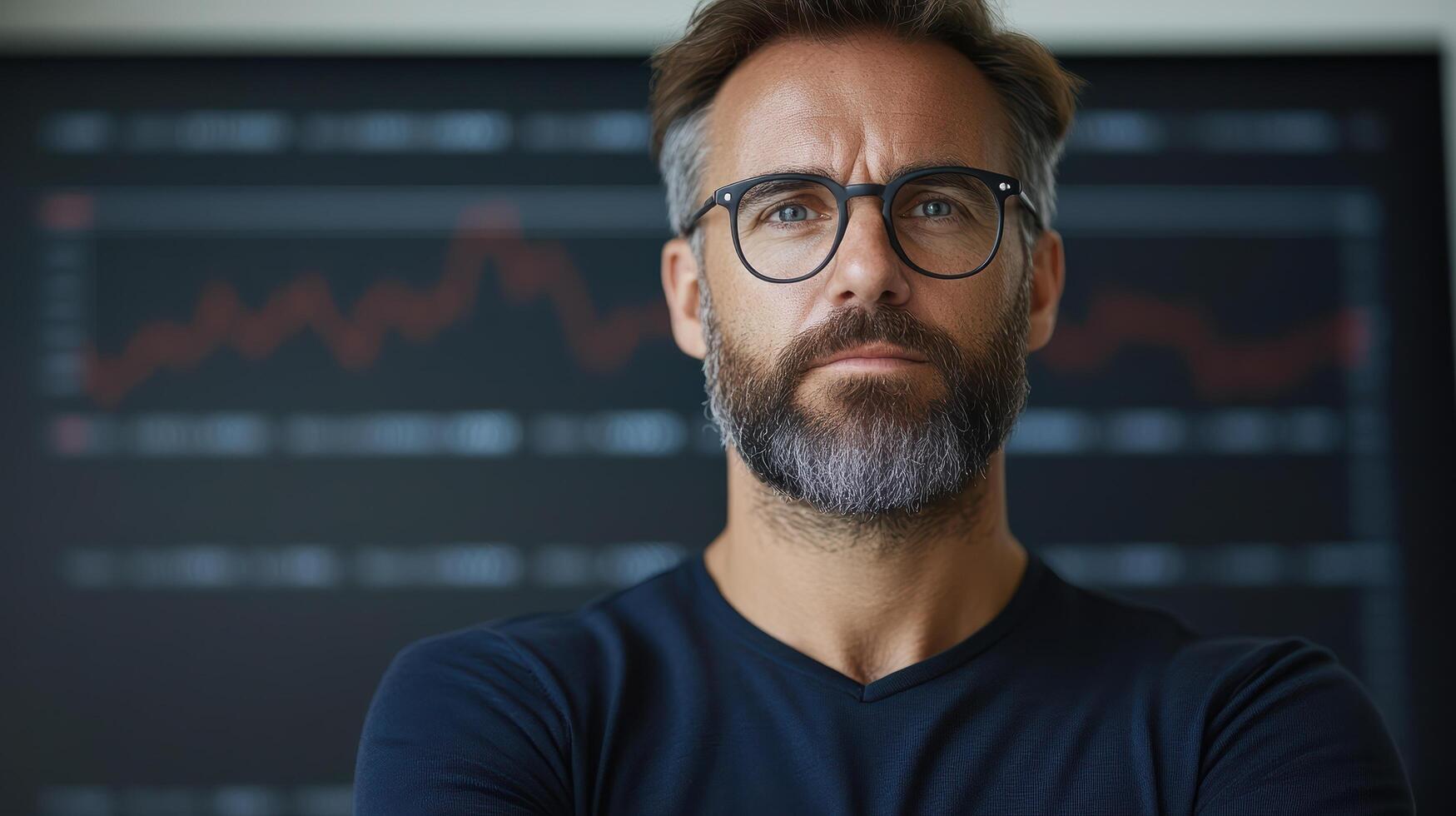 A man with glasses and a beard standing in front of a stock chart photo
