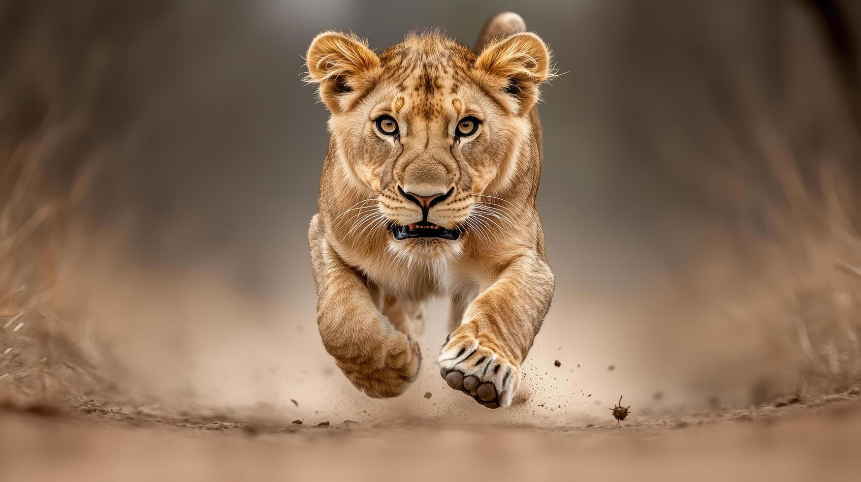A lion cub running on a dirt road photo