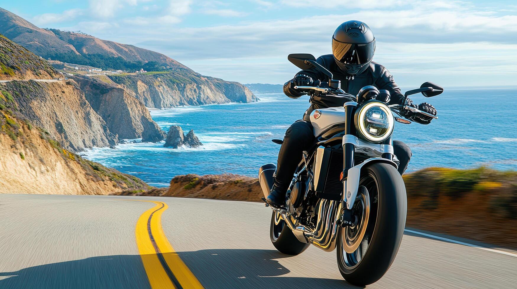 A person riding a motorcycle on a road near the ocean photo