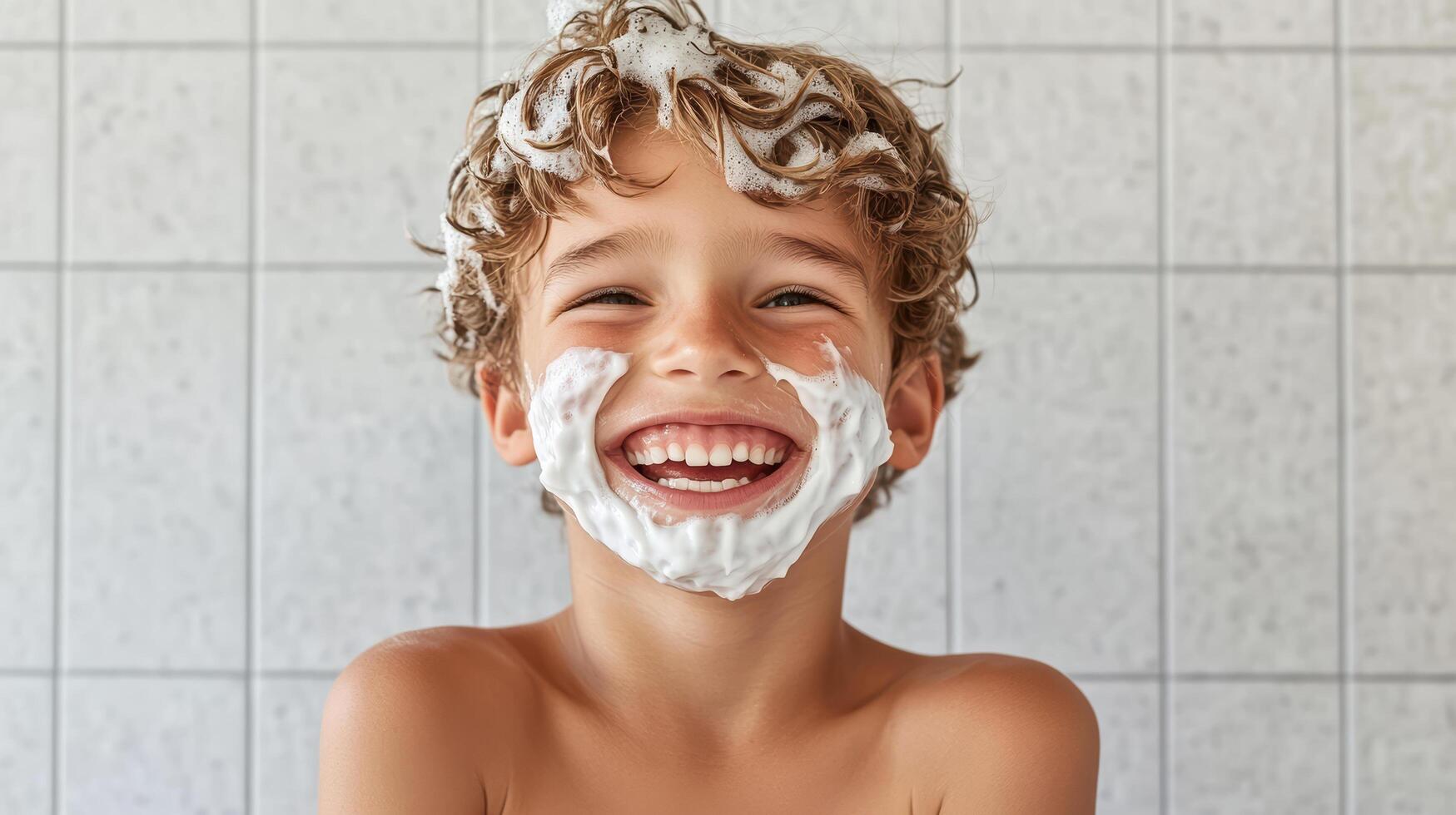 A young boy is smiling while shaving his face photo