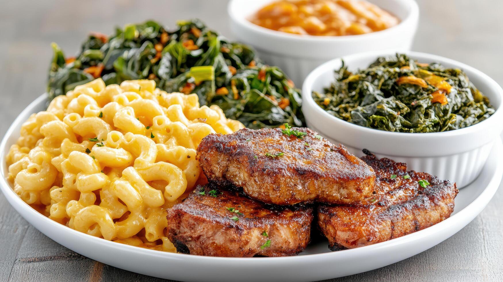 A plate of food with macaroni and cheese, greens and meat photo