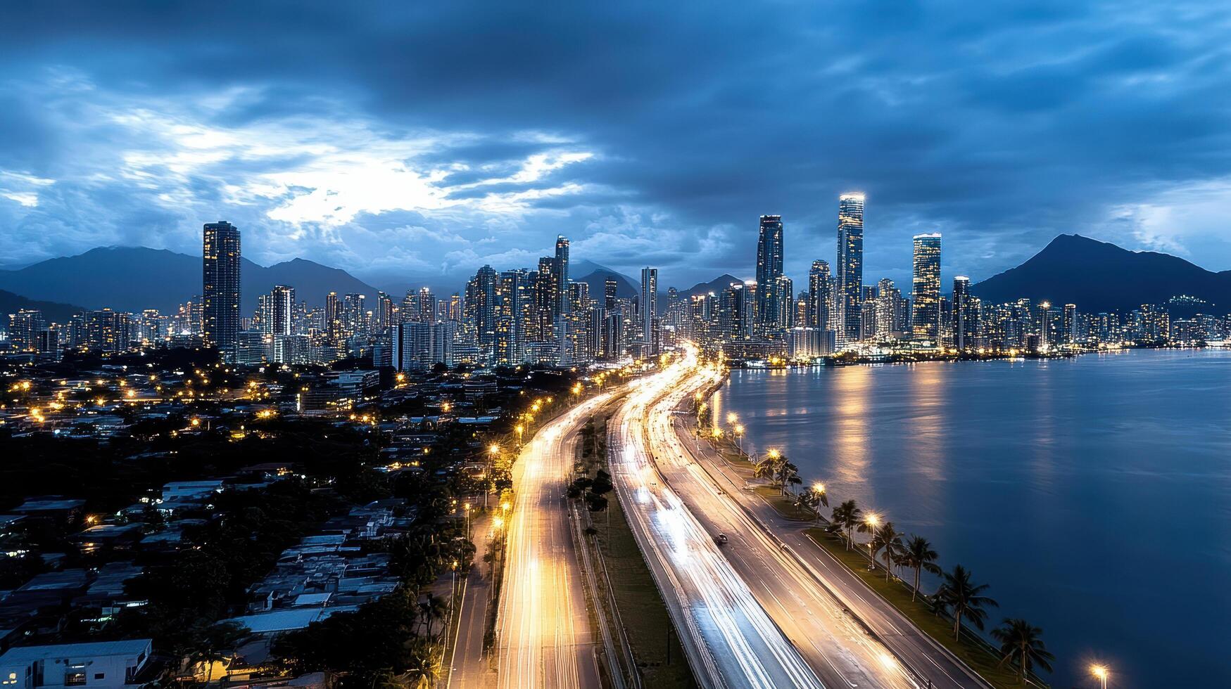 A city skyline with lights on the road and water photo