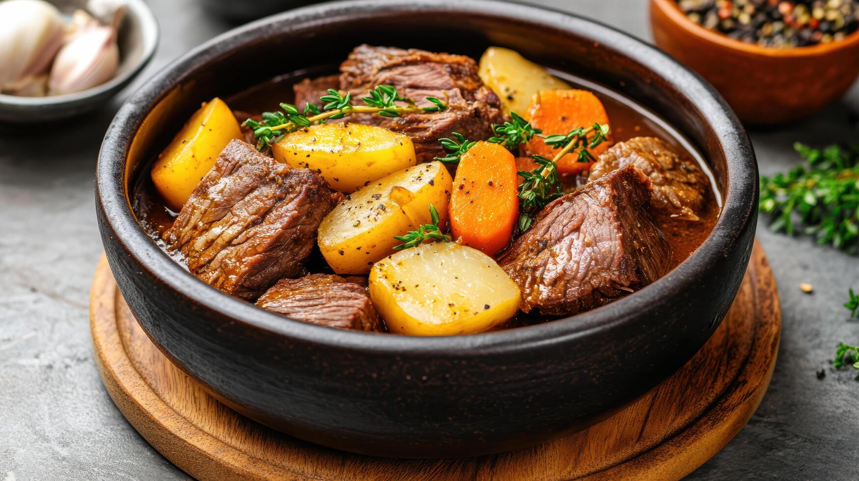 Beef stew with potatoes and carrots in a bowl photo