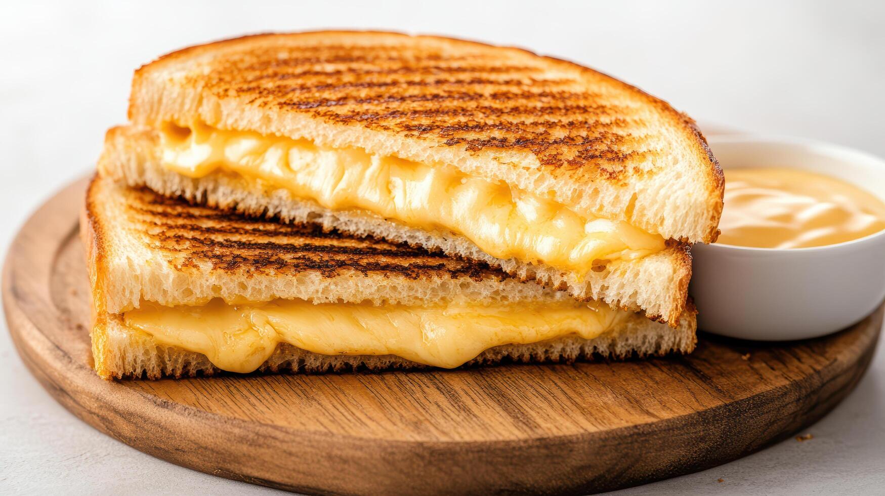 Grilled cheese sandwich with cheese and mustard sauce on a wooden plate photo