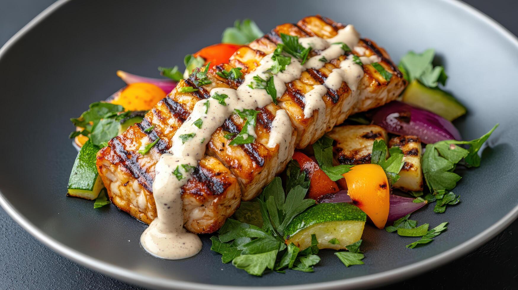 Grilled salmon with a creamy sauce on top photo
