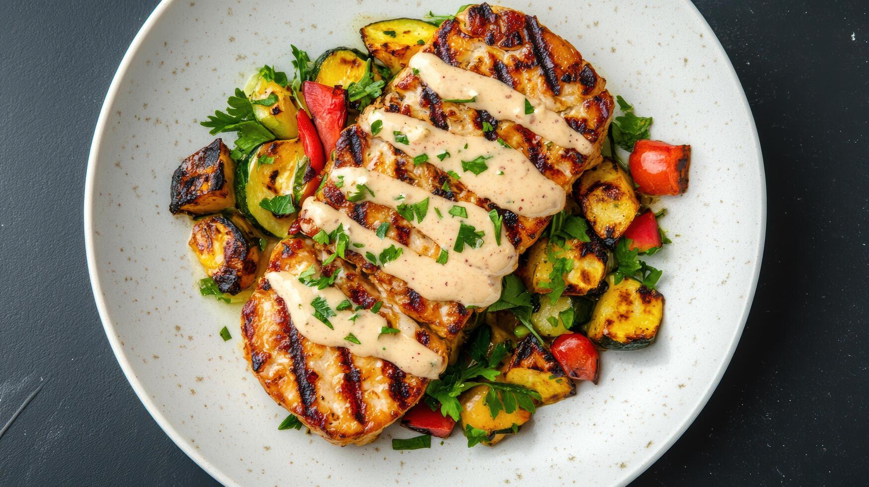 Grilled chicken breast with a creamy sauce on a white plate photo