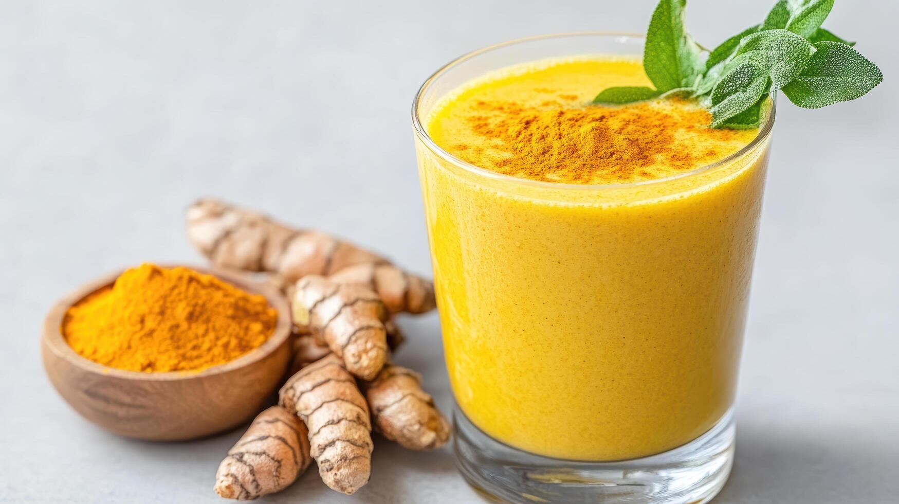 Tumeric and turmeric smoothie with fresh turmeric and turmeric powder photo
