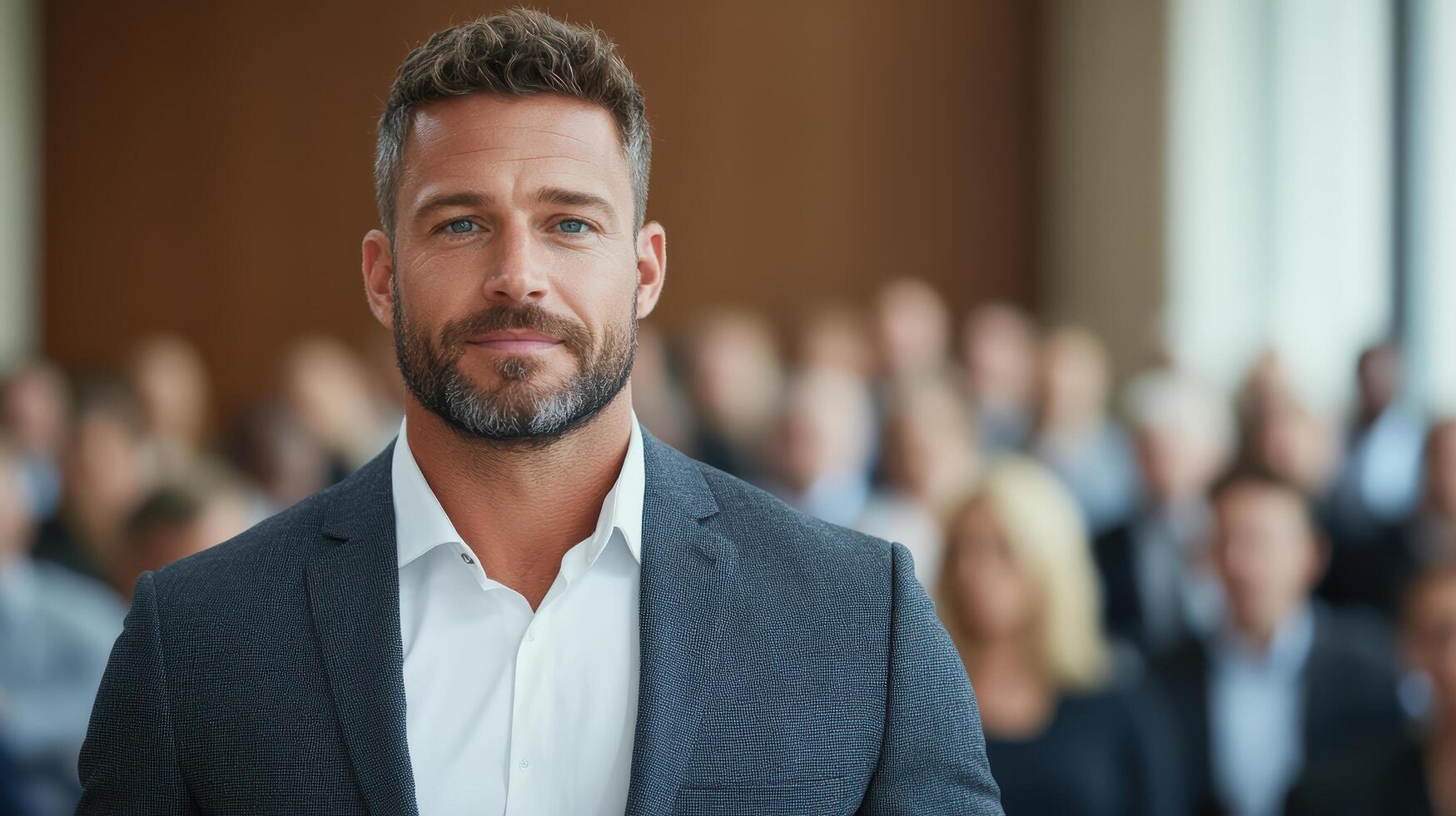 A man in a suit standing in front of a crowd photo