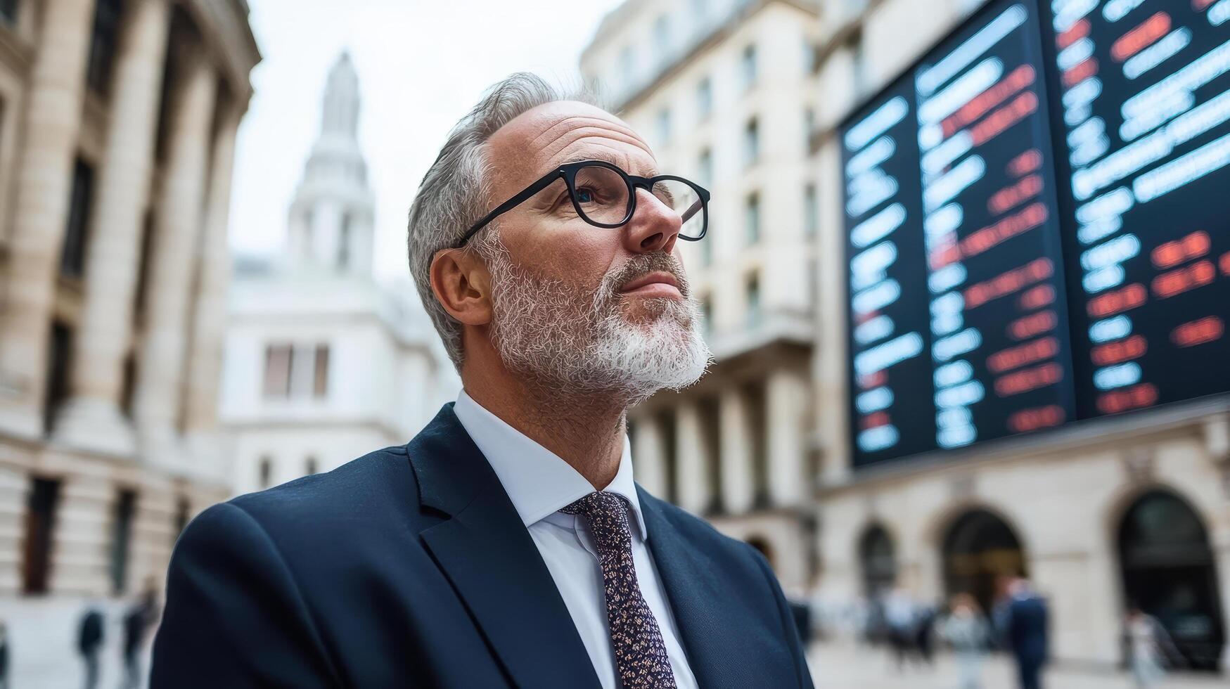 A man in a suit and tie stands in front of a stock market board photo