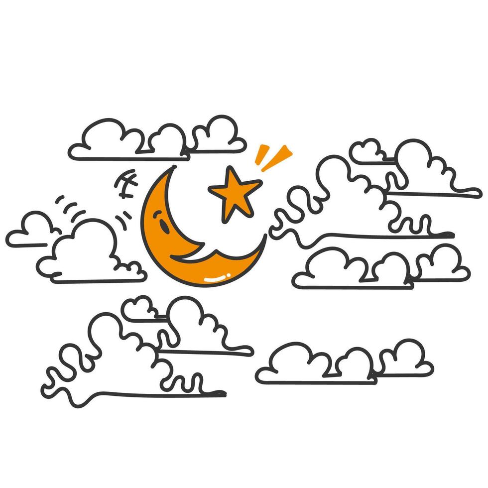 a cartoon crescent and star in the sky vector