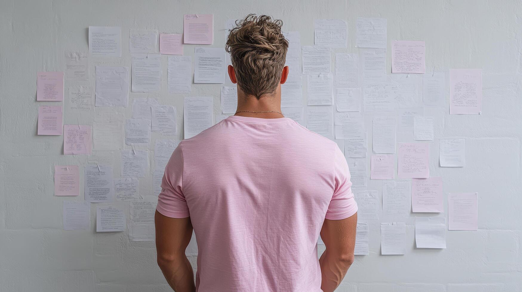 A man in a pink shirt standing in front of a wall of post - it notes photo