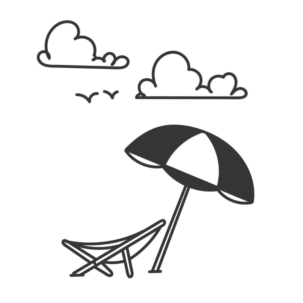 beach umbrella and chair with clouds and birds vector
