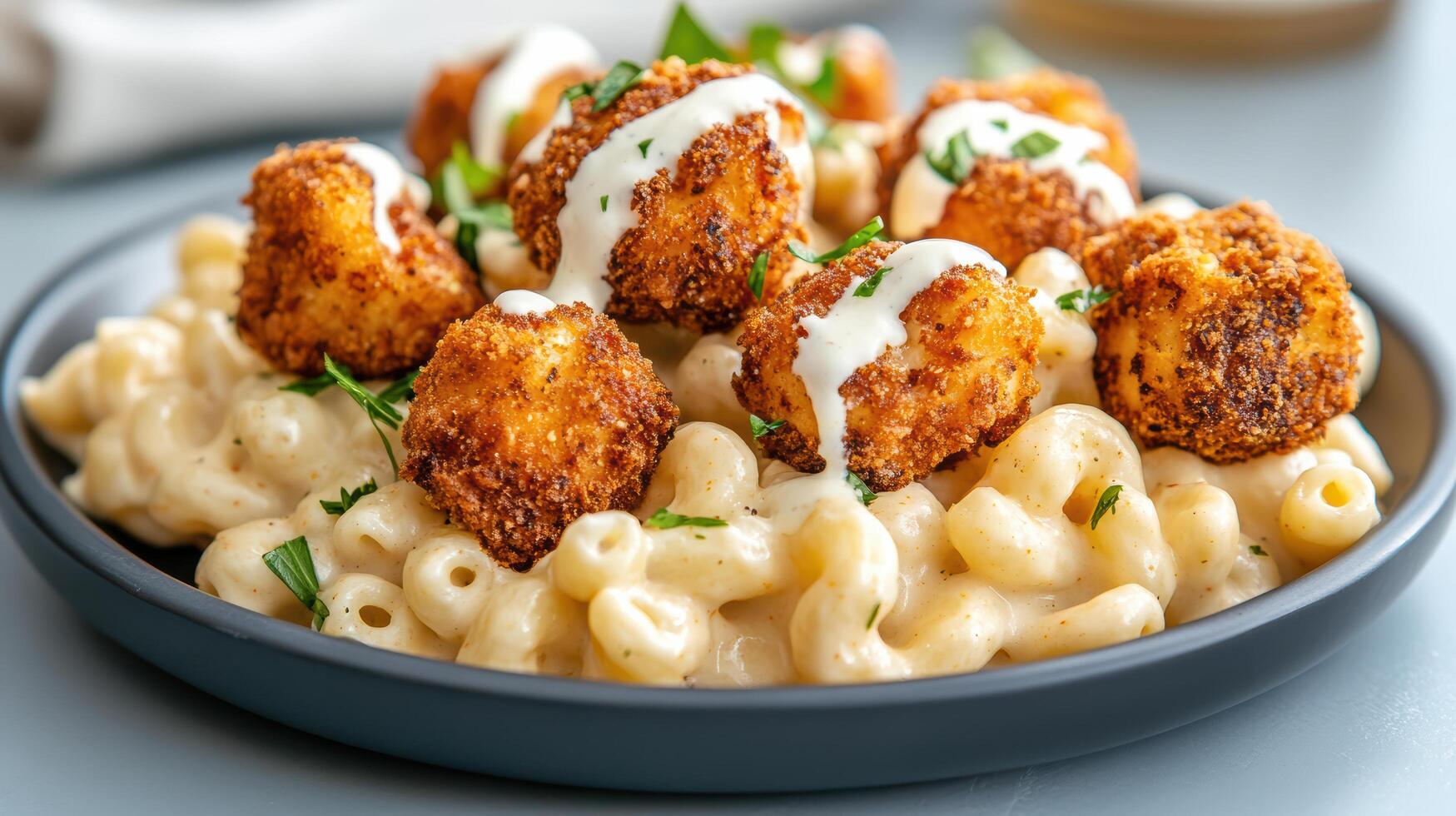 A plate of macaroni and cheese with chicken nuggets photo