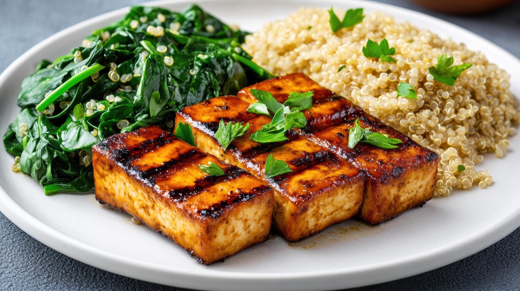 Grilled tofu and quinoa on a plate photo