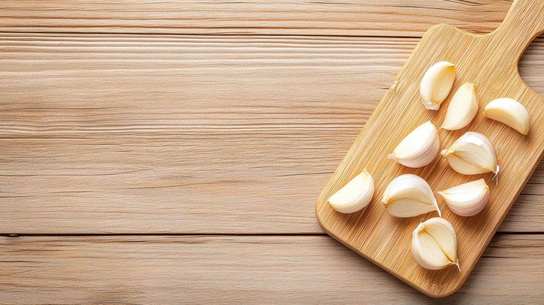 Garlic on a wooden cutting board photo