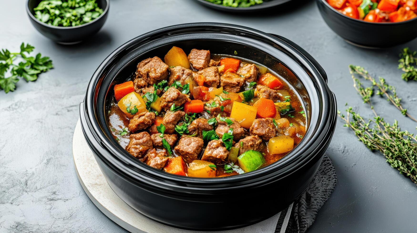 Beef stew in a slow cooker on a dark background photo