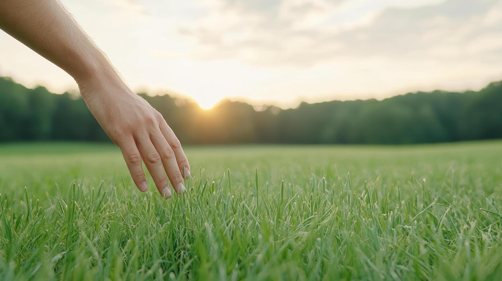 A person reaching out to touch the grass photo