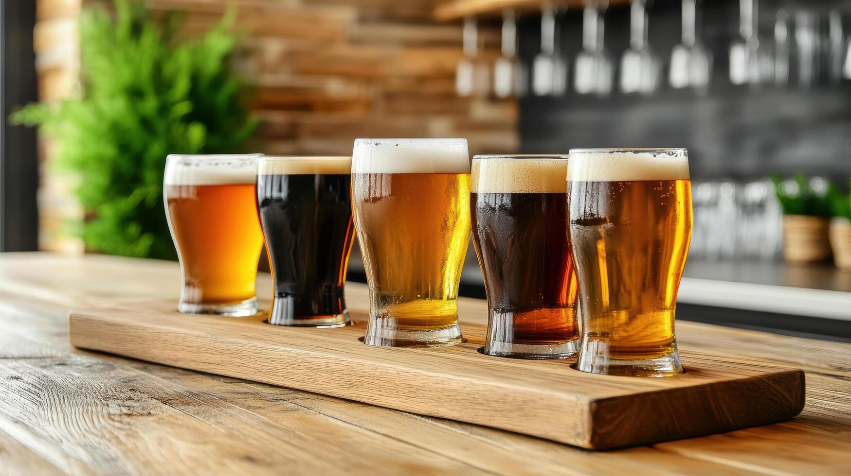 A row of beer glasses on a wooden tray photo