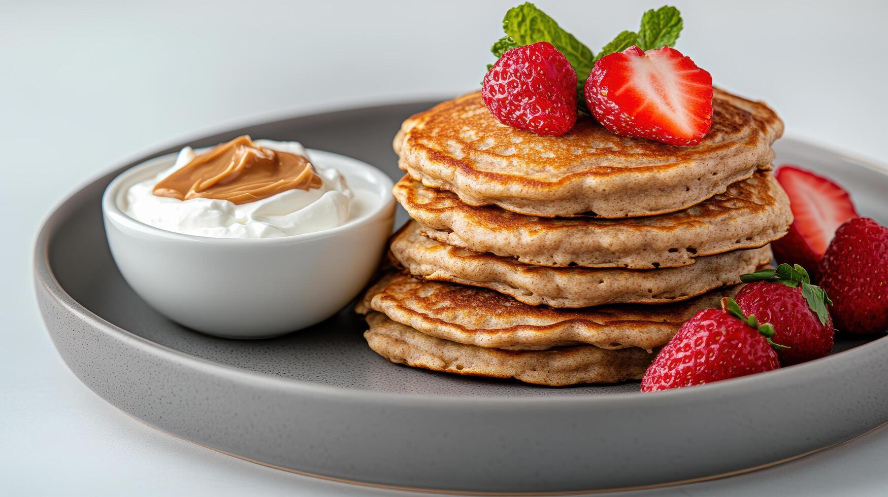 A stack of pancakes with strawberries and whipped cream photo