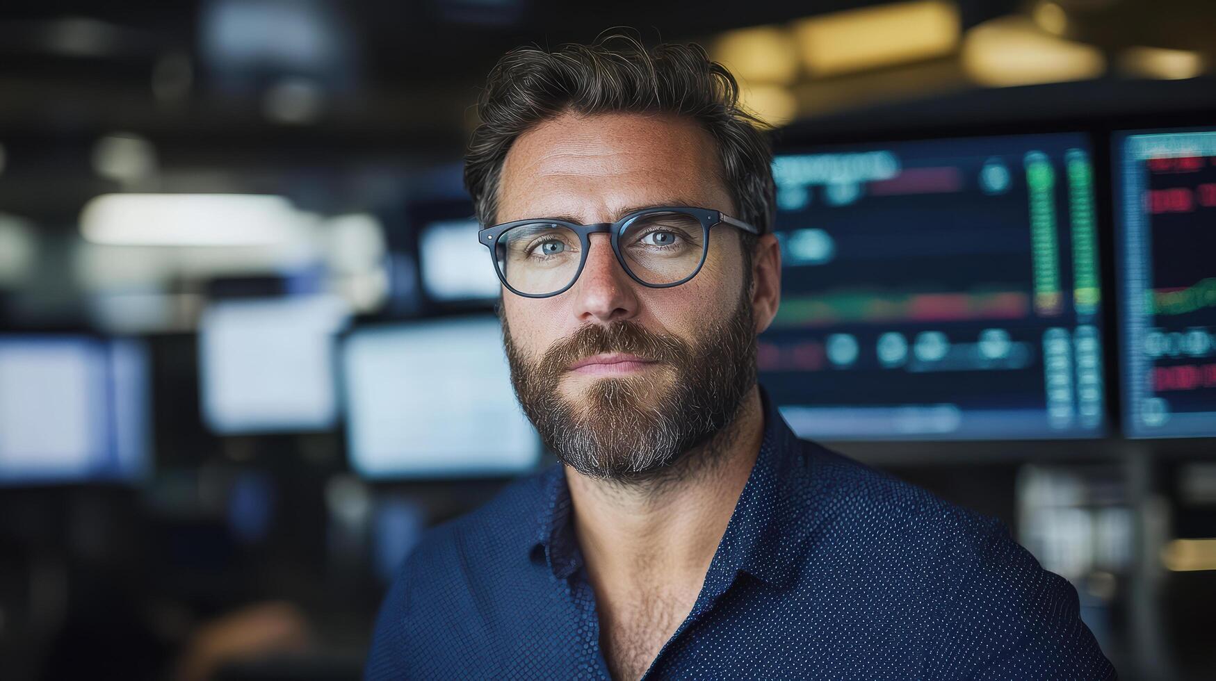 A man with glasses and beard standing in front of a computer screen photo
