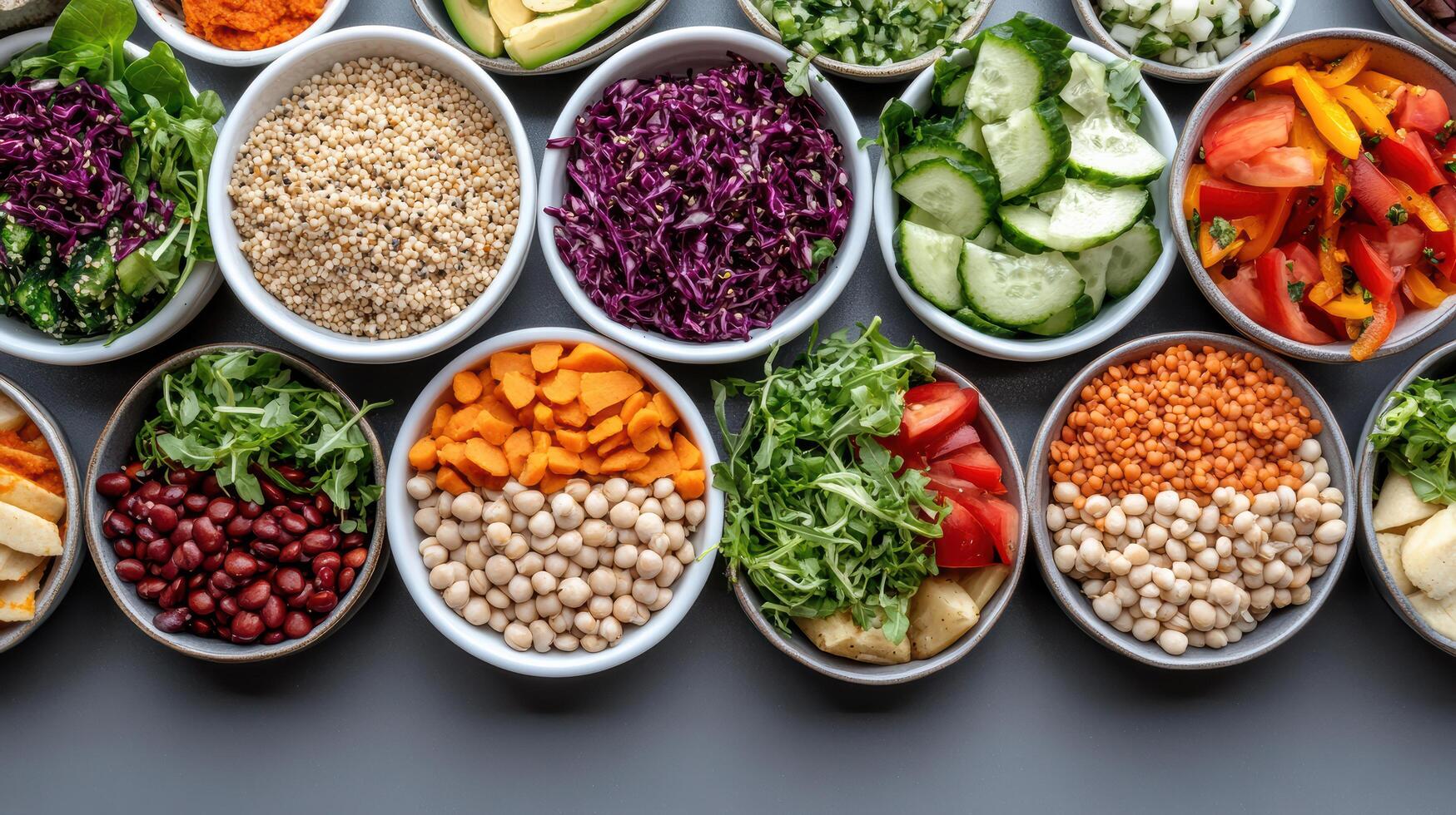 A variety of different types of vegetables are arranged in bowls photo