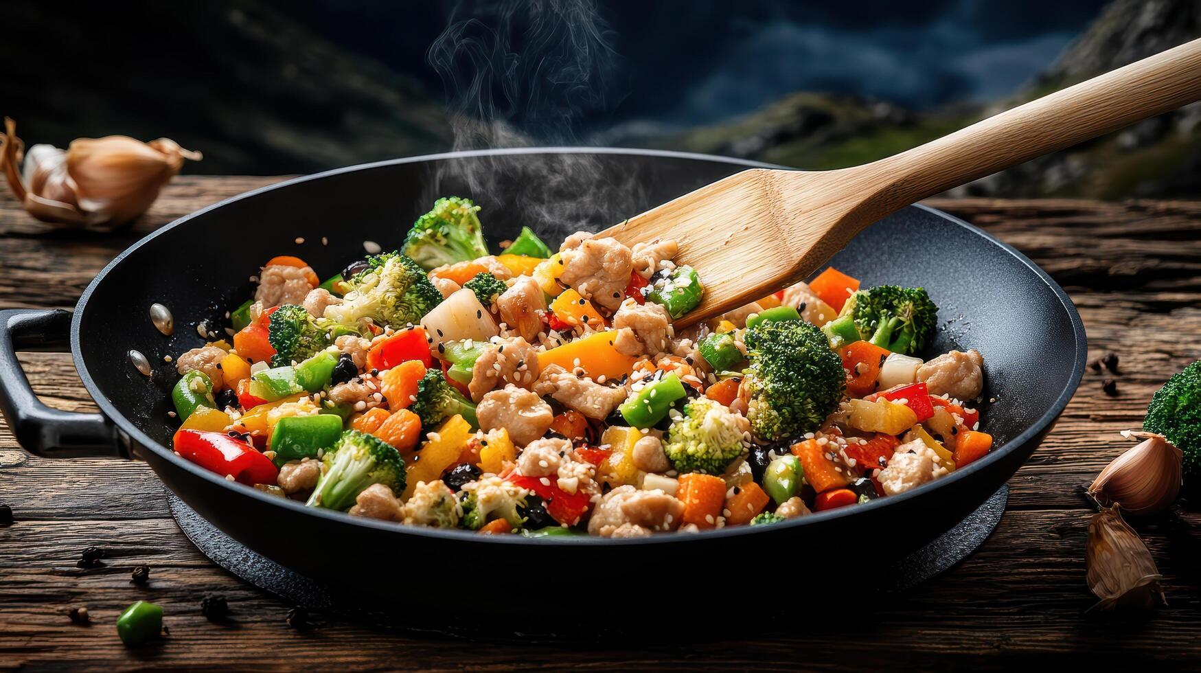 A pan with stir fried vegetables and chicken photo
