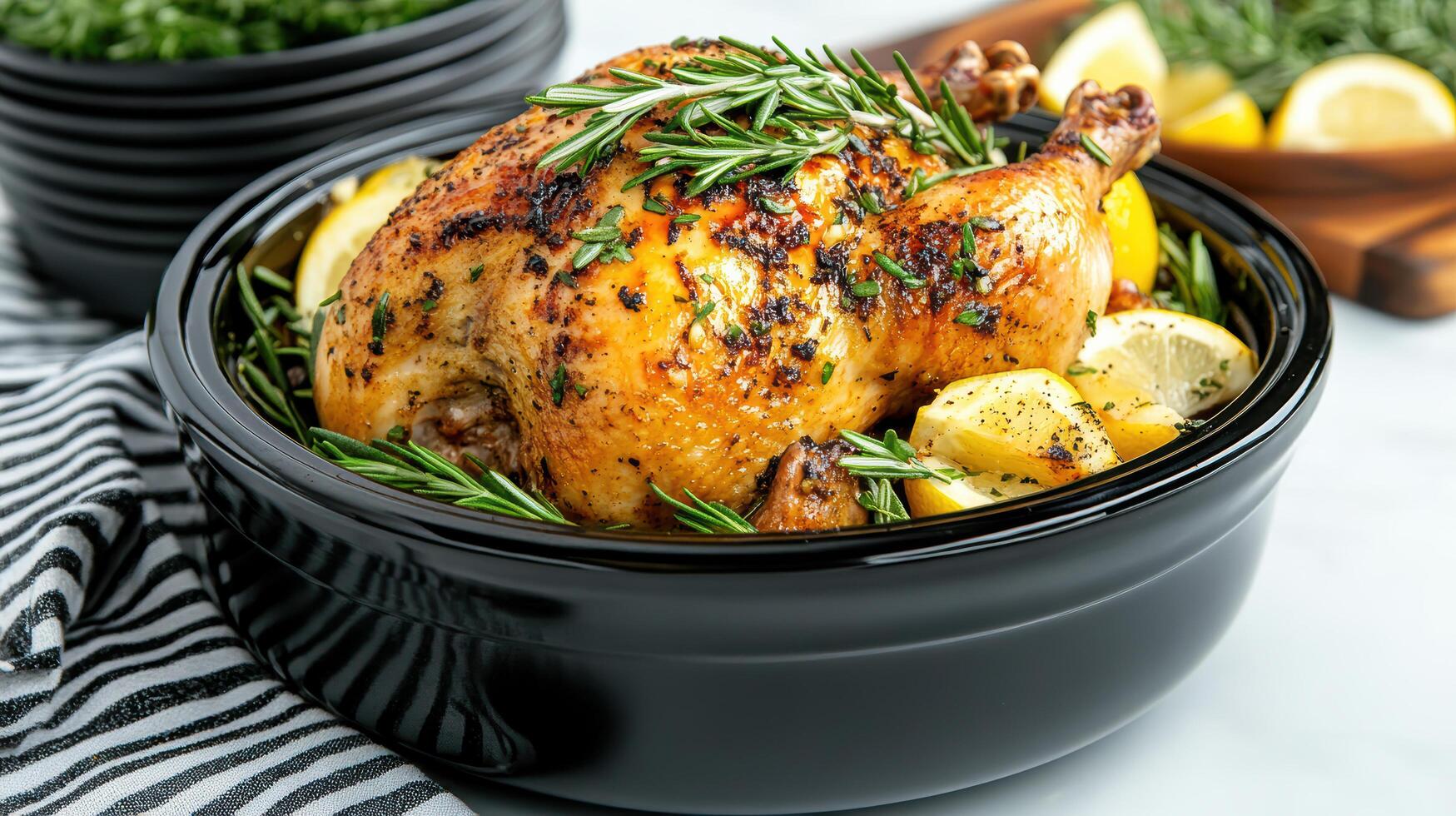 A chicken in a black bowl with lemons and herbs photo
