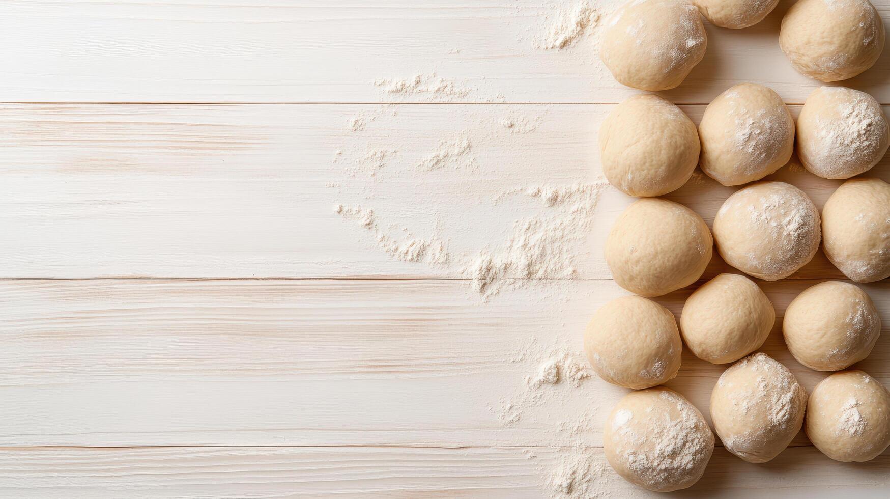 Dough balls on a wooden table with flour photo