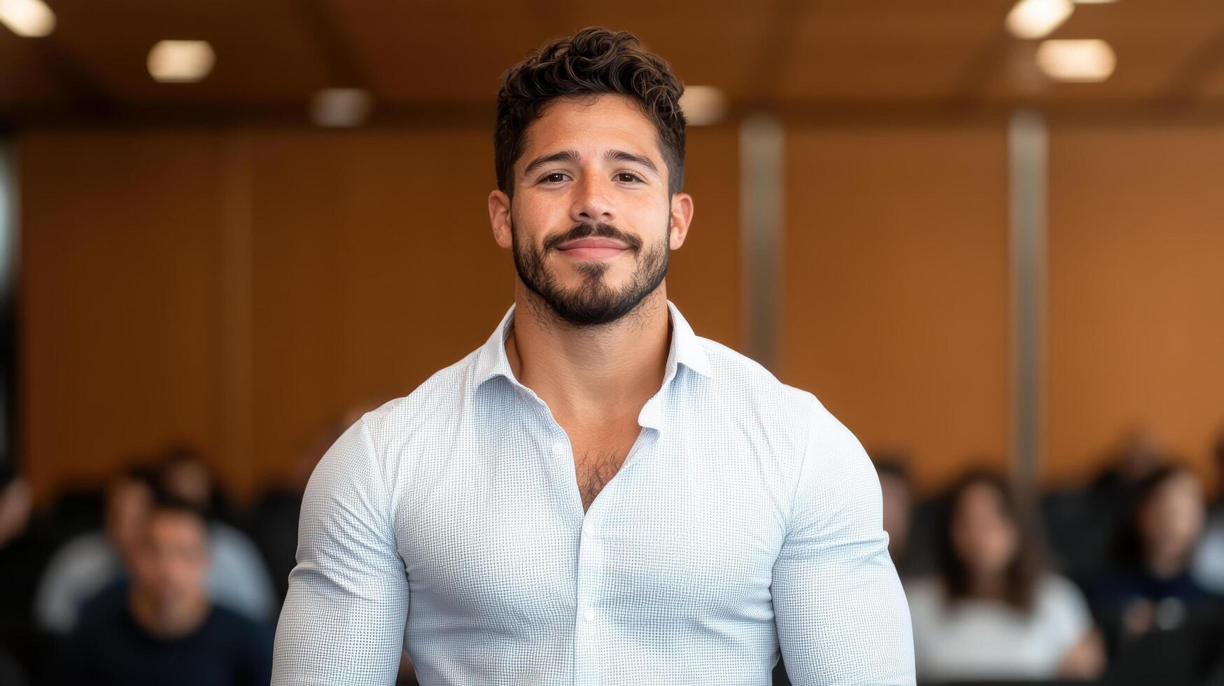 A man with a beard and a white shirt standing in front of a crowd photo