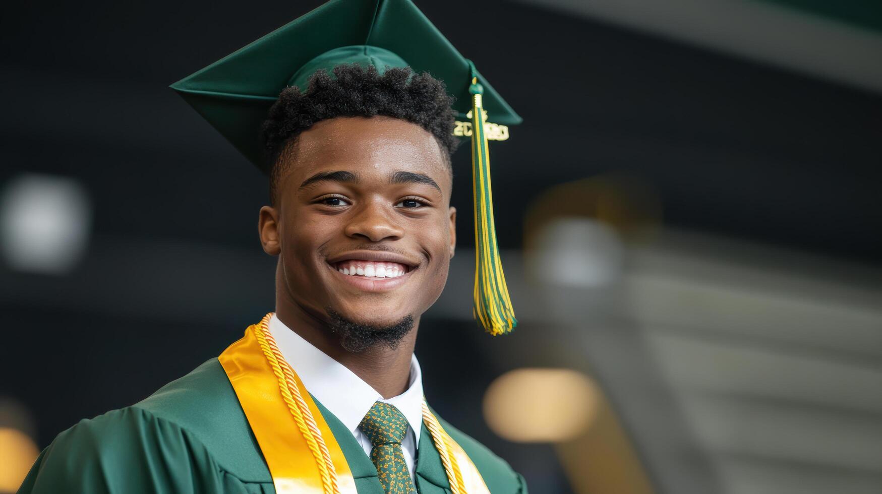 A young man in a green graduation gown and a yellow tie photo