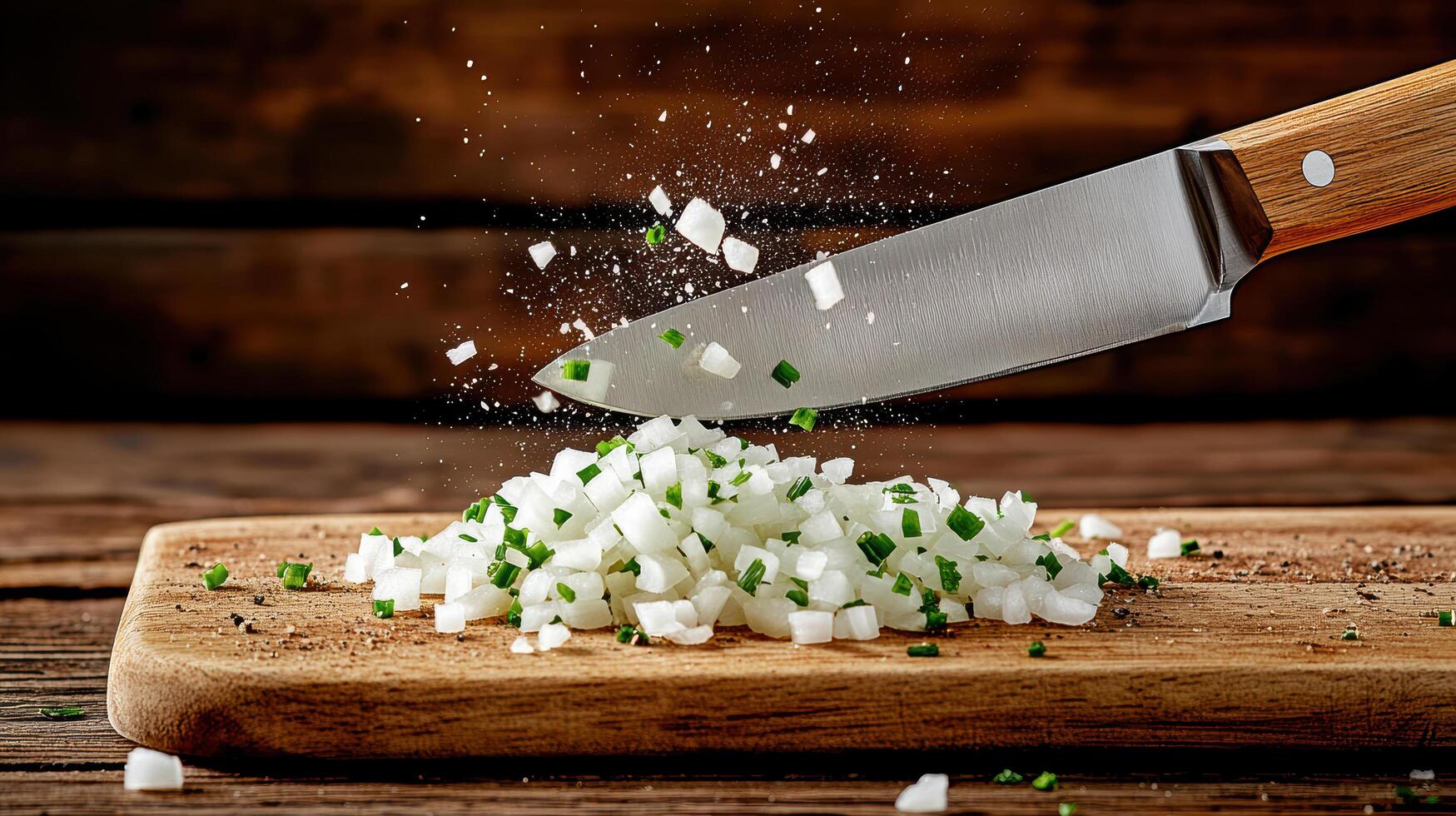A knife is cutting up onions on a cutting board photo