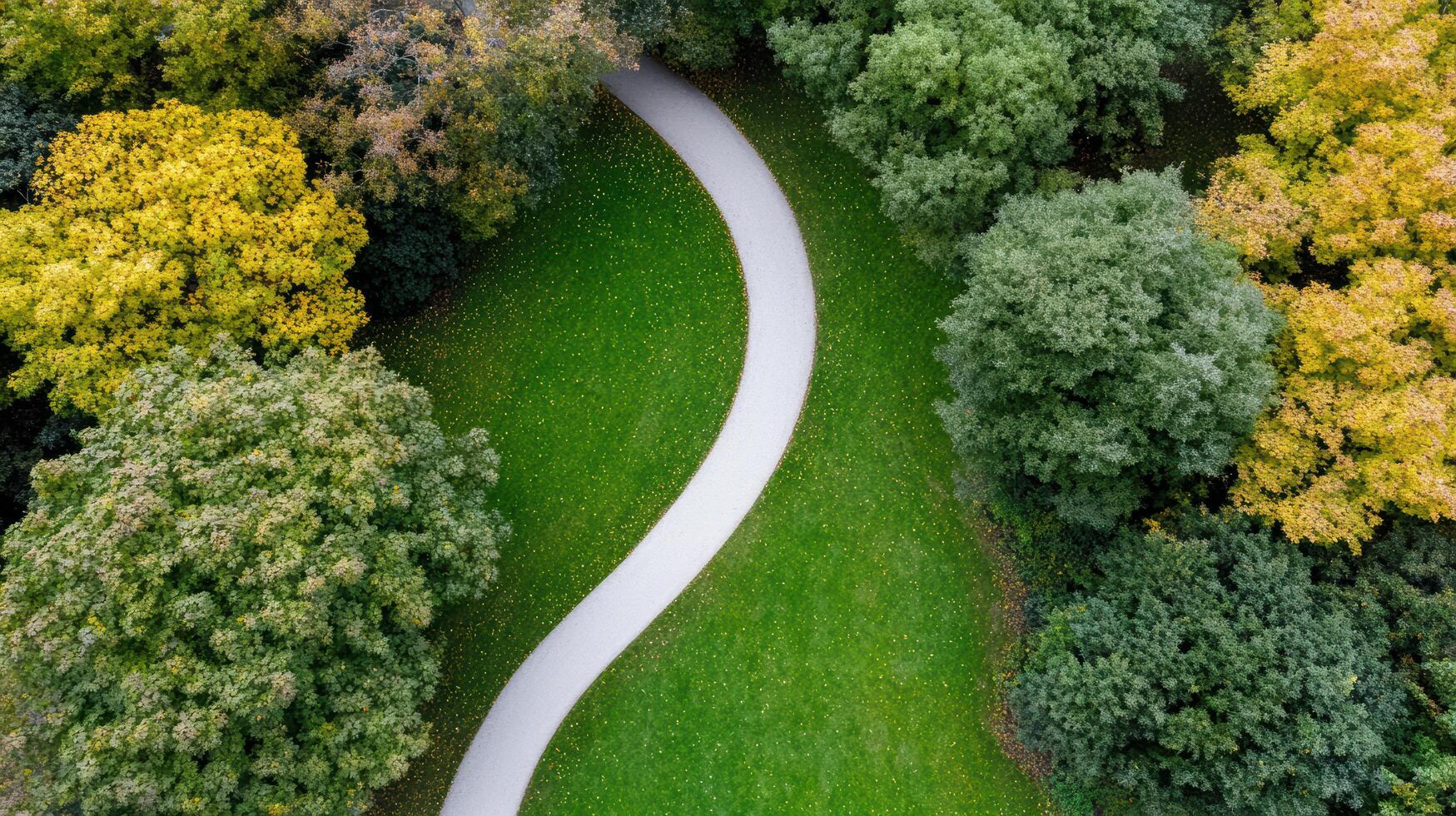 An aerial view of a path through a green park photo