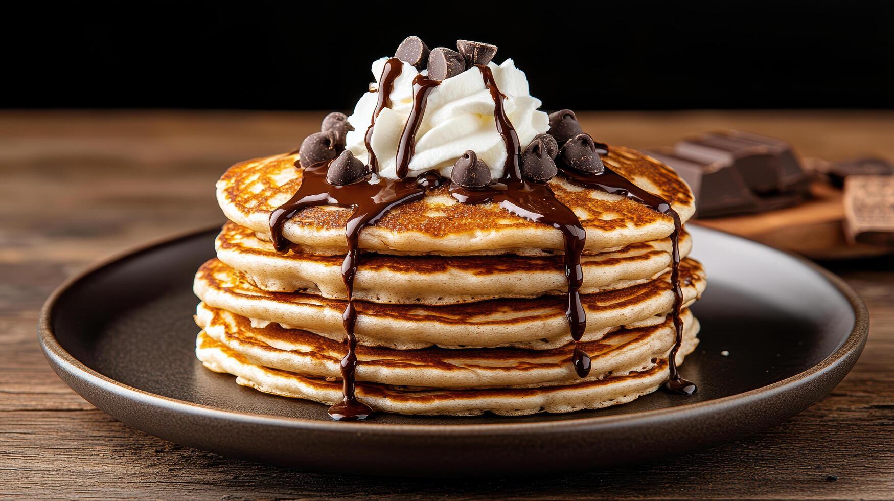 A stack of pancakes topped with whipped cream and chocolate chips photo