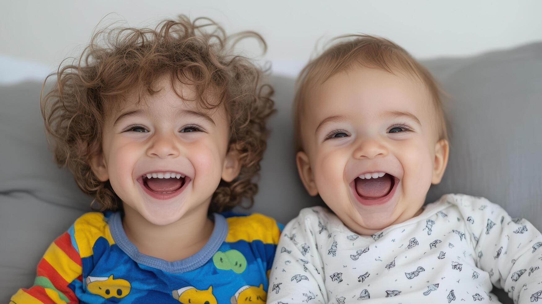 Two young children are laughing on a couch photo