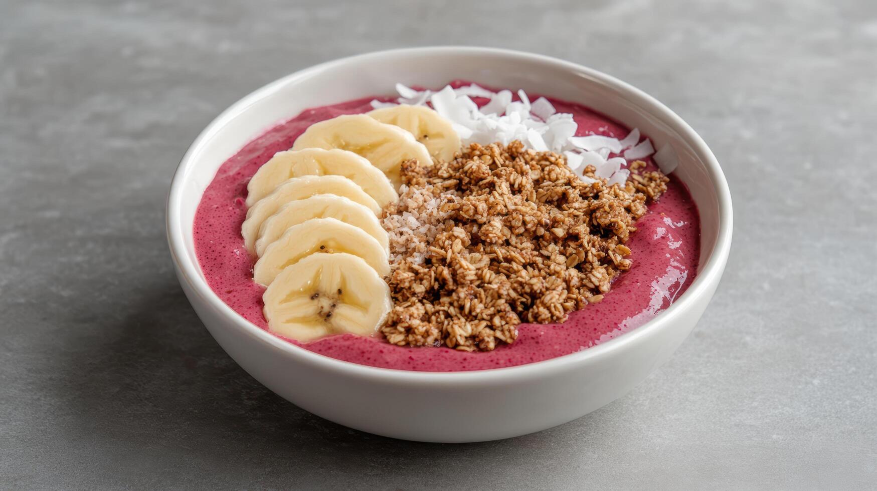 A bowl of smoothie with bananas, coconut and granola photo