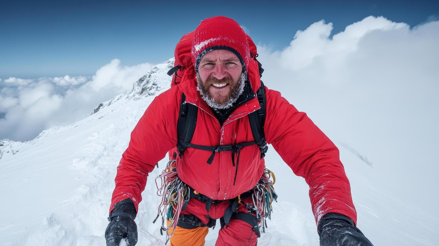 A man in red jacket standing on top of a snowy mountain photo