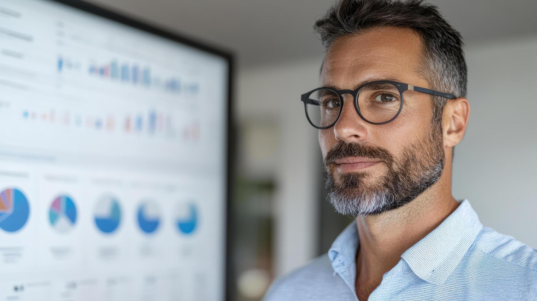 A man in glasses standing in front of a large screen photo