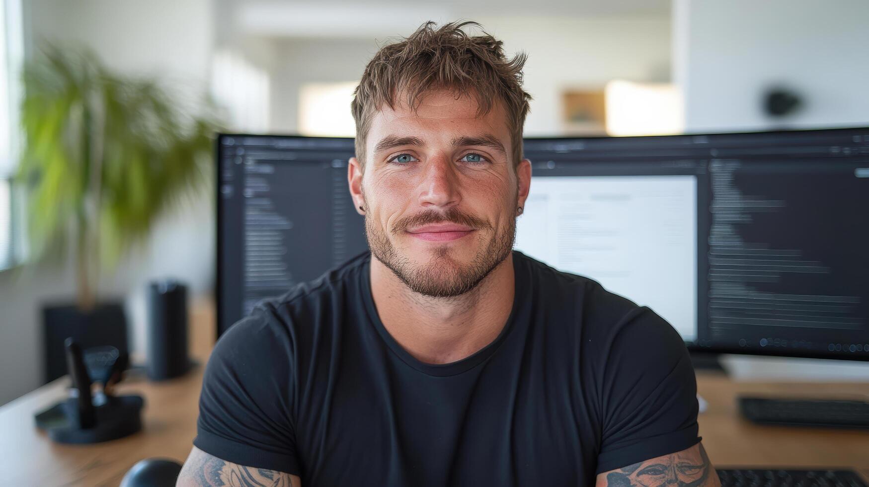 confident man with tattoos smiles while sitting desk with dual monitors, showcasing modern photo
