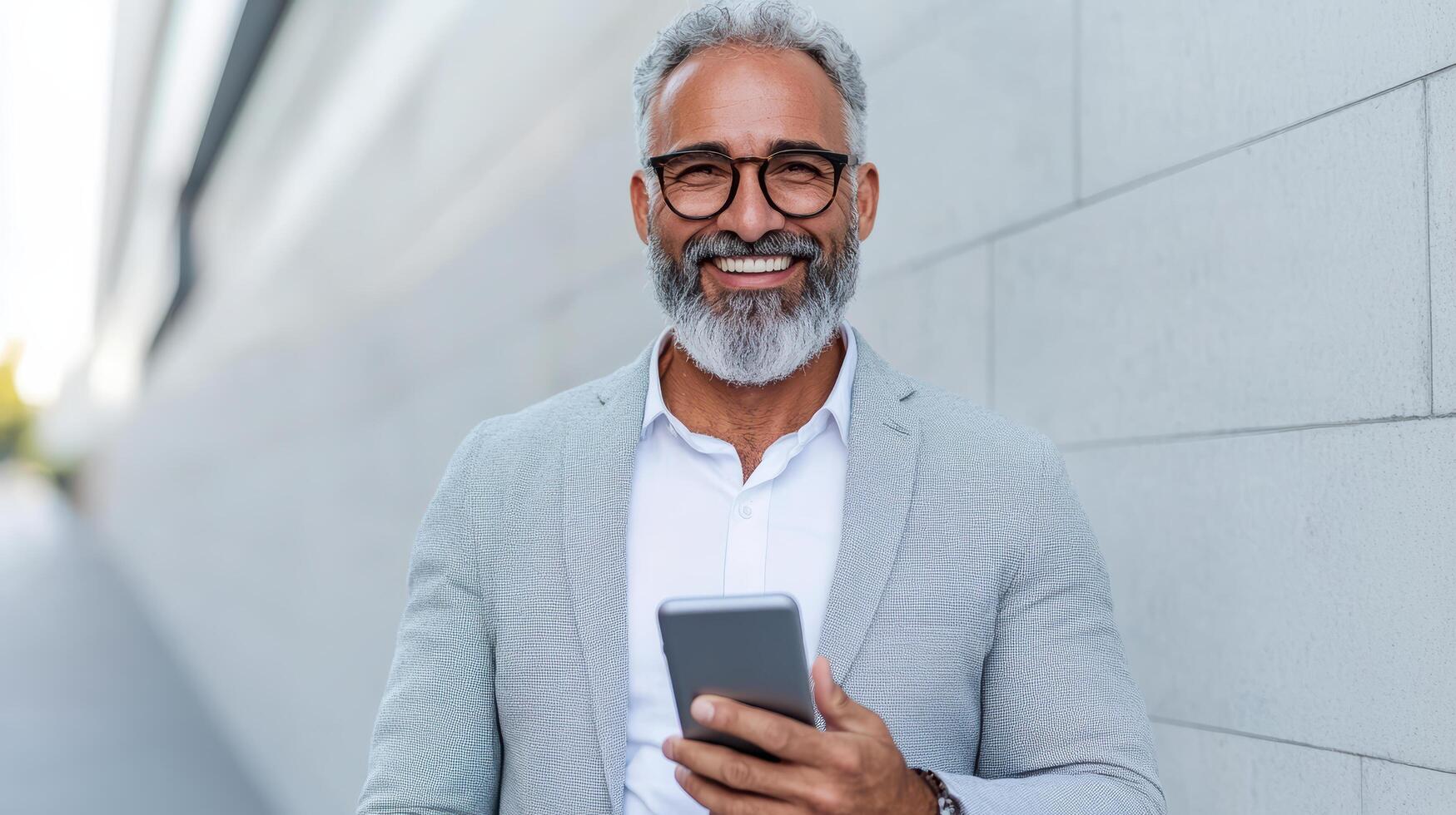 Professional man smiling while using smartphone outdoors, showcasing confidence and modern photo