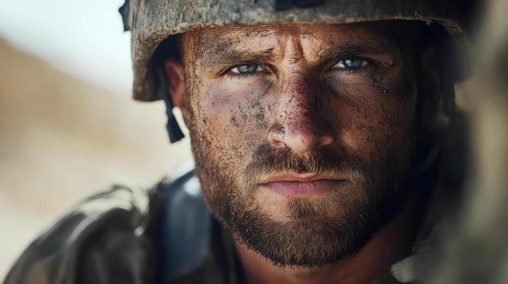A soldier with a beard and a dirty face photo